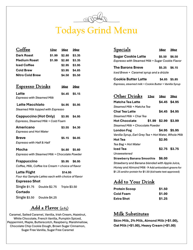 Coffee menu